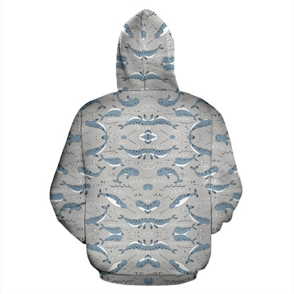 Narwhal Pattern Print Zip Up Hoodie