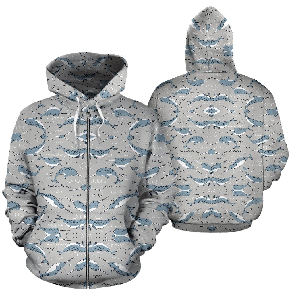 Narwhal Pattern Print Zip Up Hoodie
