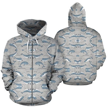 Narwhal Pattern Print Zip Up Hoodie