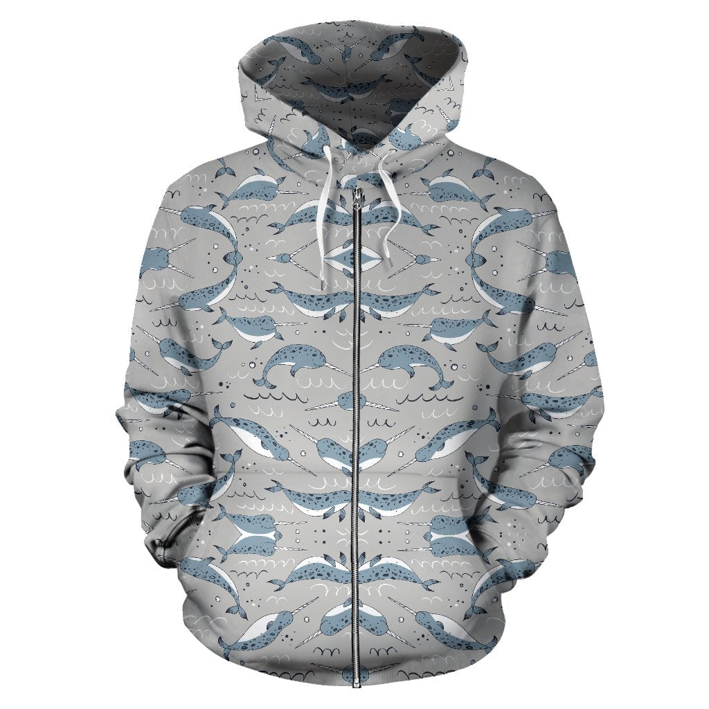 Narwhal Pattern Print Zip Up Hoodie