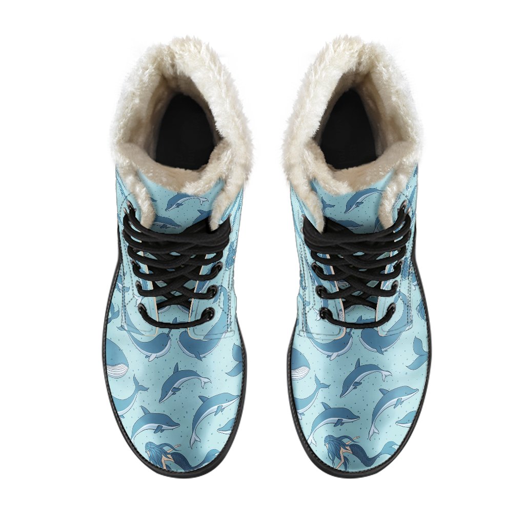 Narwhal Themed Print Faux Fur Leather Boots-JTAMIGO.COM