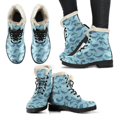 Narwhal Themed Print Faux Fur Leather Boots-JTAMIGO.COM