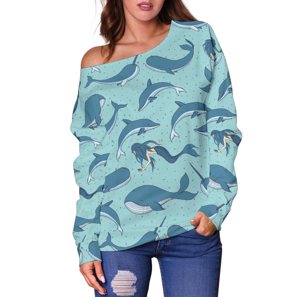Narwhal Themed Print Off Shoulder Sweatshirt