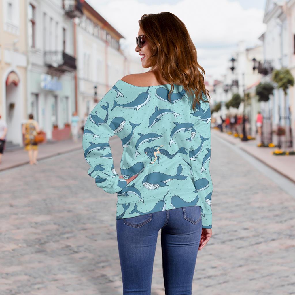 Narwhal Themed Print Off Shoulder Sweatshirt