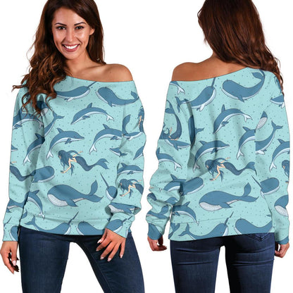 Narwhal Themed Print Off Shoulder Sweatshirt
