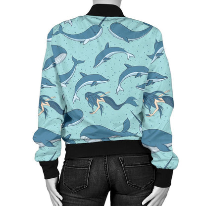 Narwhal Themed Print Women Casual Bomber Jacket