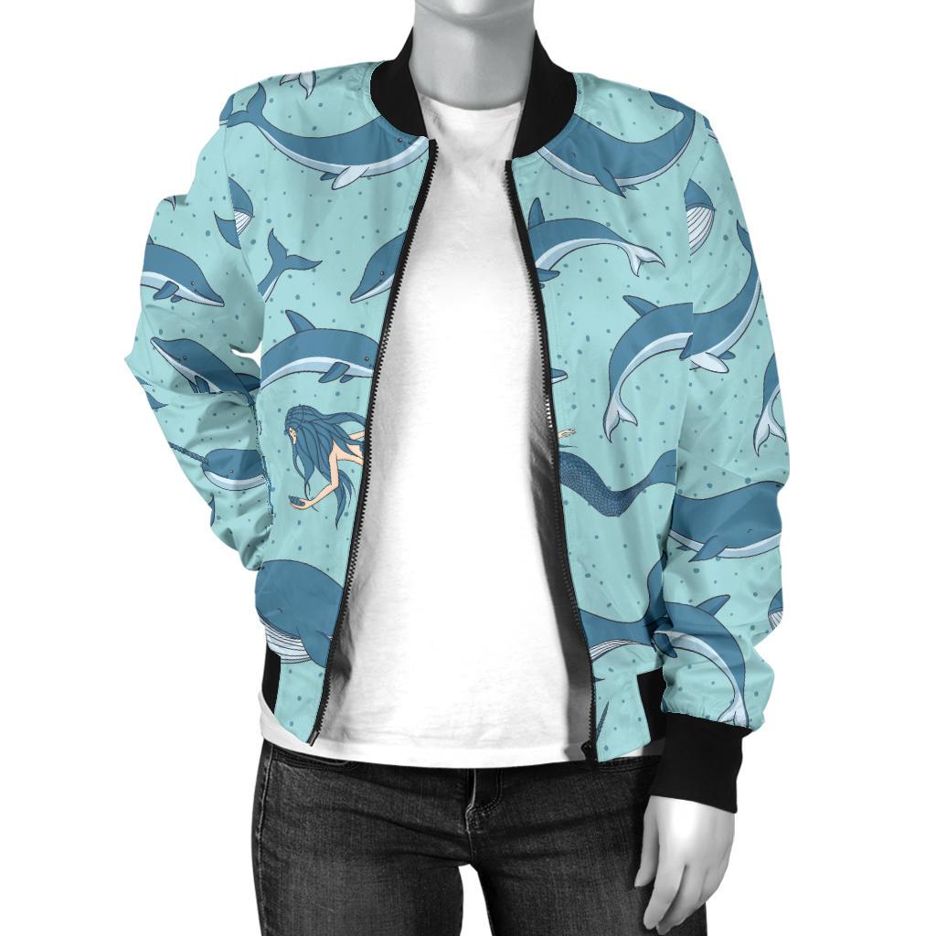 Narwhal Themed Print Women Casual Bomber Jacket