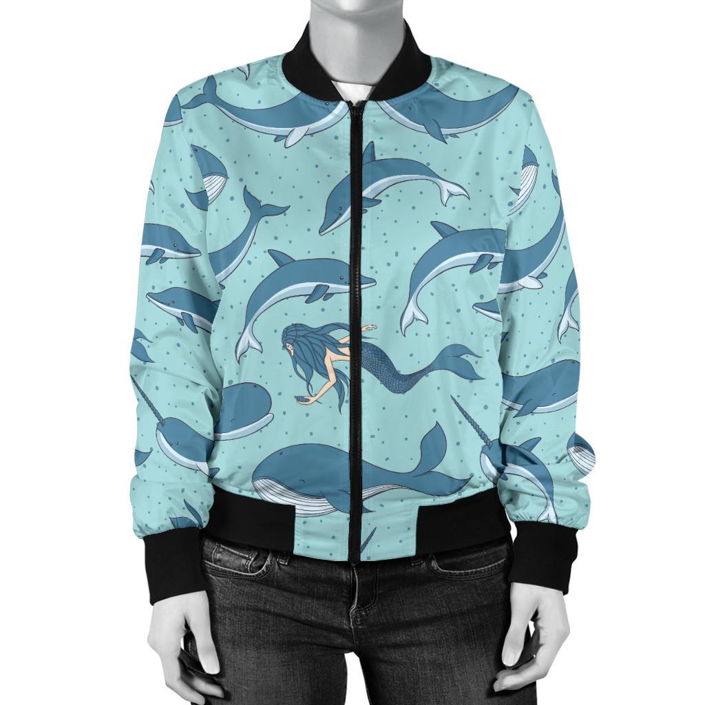 Narwhal Themed Print Women Casual Bomber Jacket