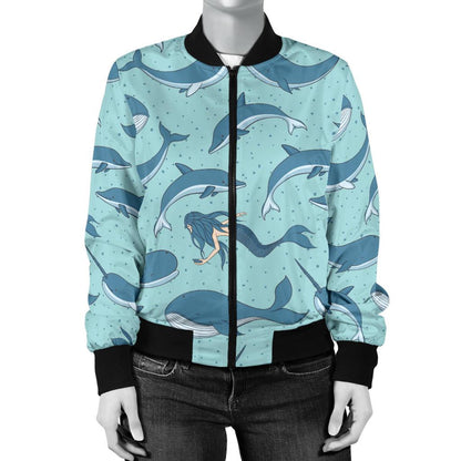 Narwhal Themed Print Women Casual Bomber Jacket