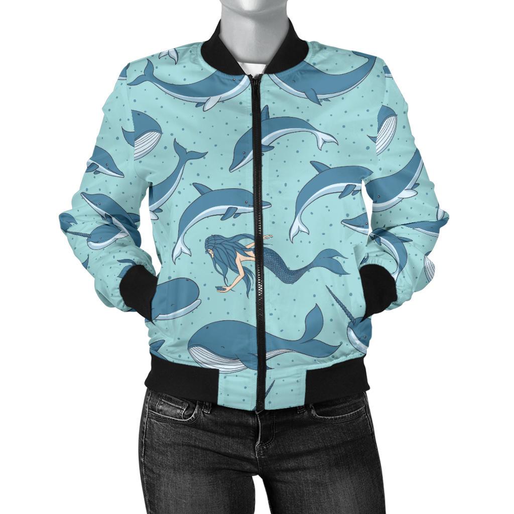 Narwhal Themed Print Women Casual Bomber Jacket