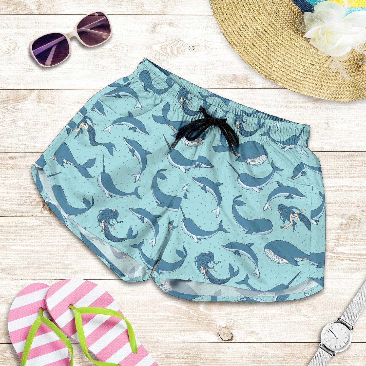 Narwhal Themed Print Women Shorts-JTAMIGO.COM