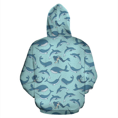 Narwhal Themed Print Zip Up Hoodie