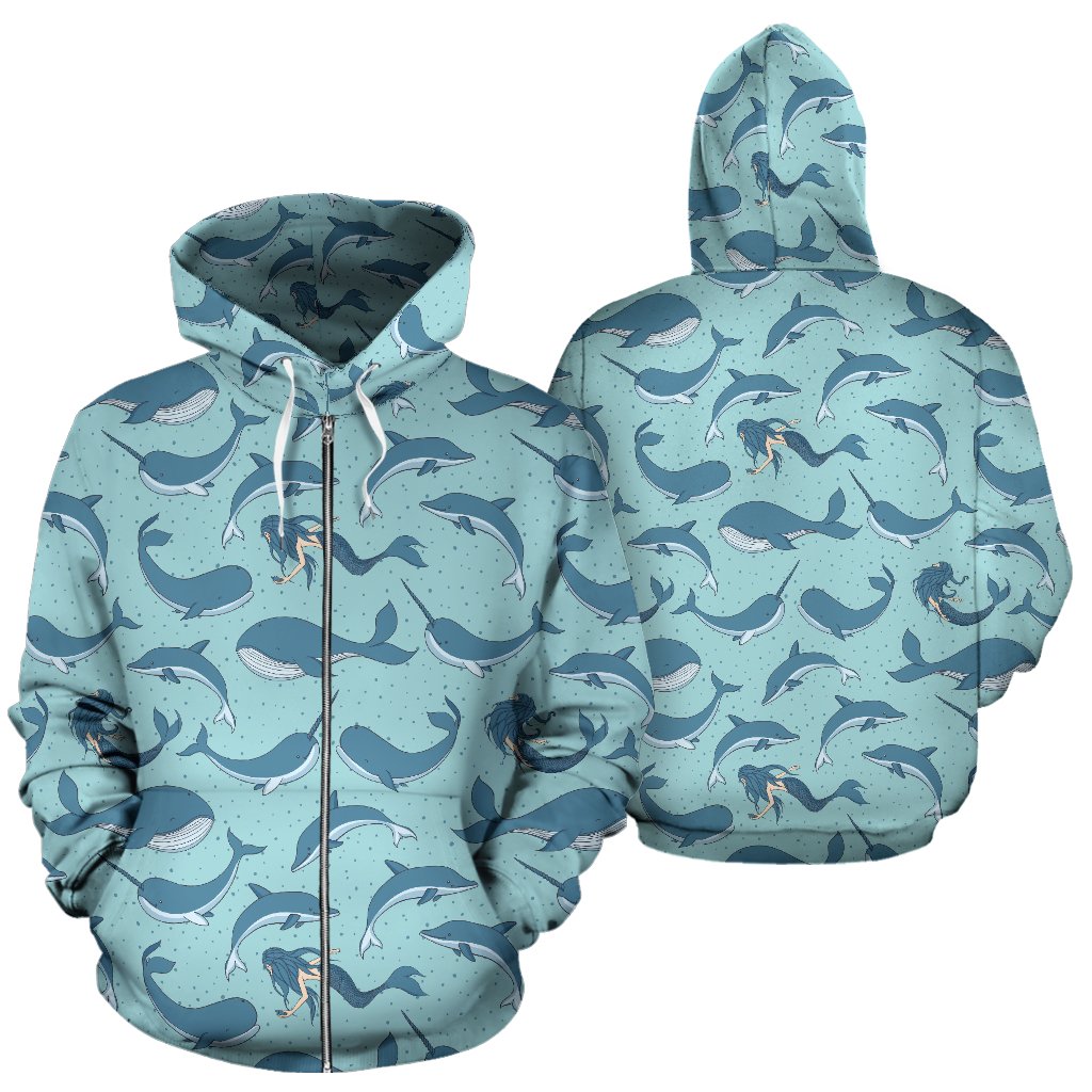 Narwhal Themed Print Zip Up Hoodie