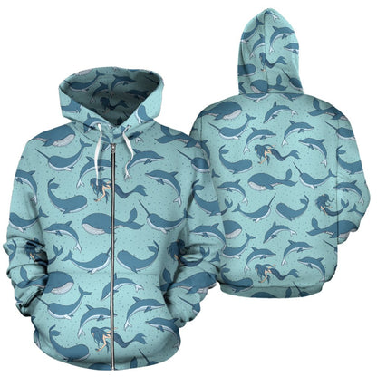 Narwhal Themed Print Zip Up Hoodie