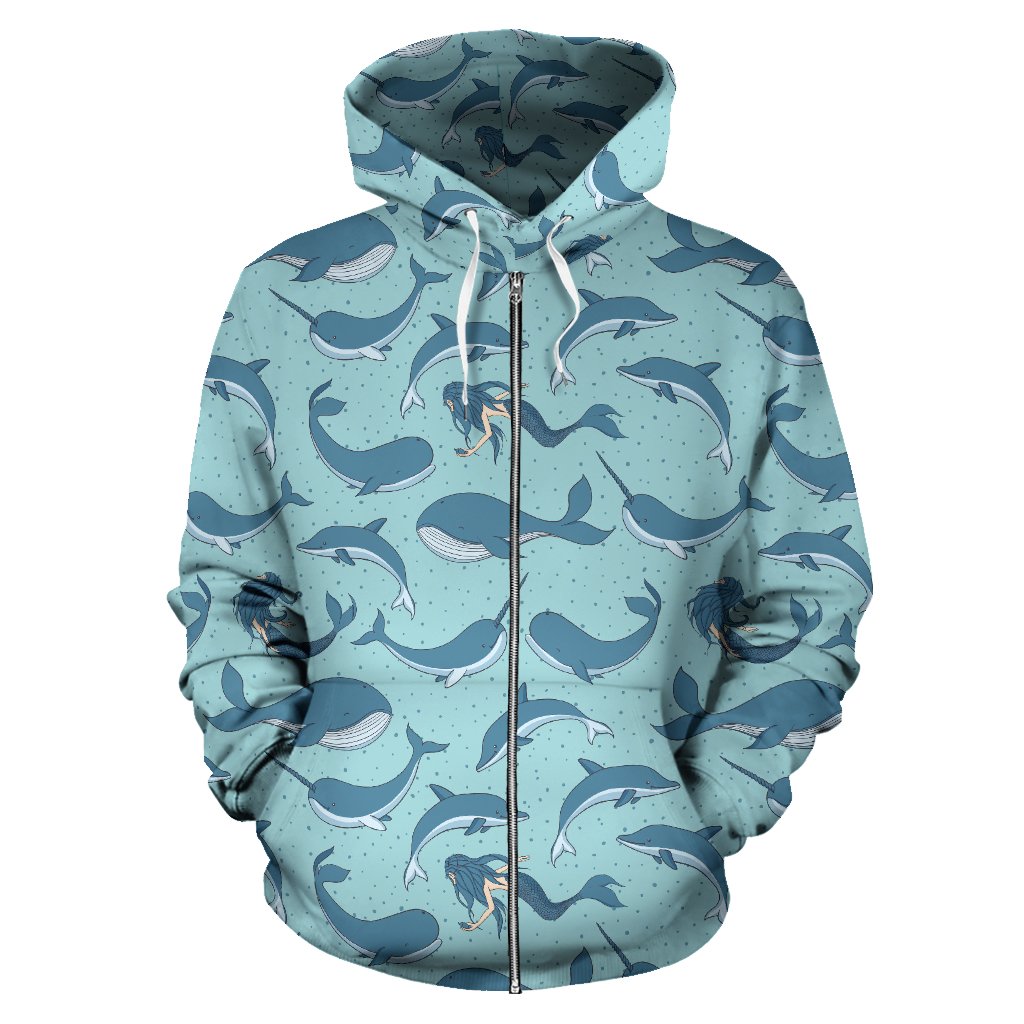 Narwhal Themed Print Zip Up Hoodie