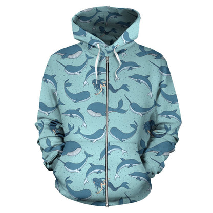 Narwhal Themed Print Zip Up Hoodie