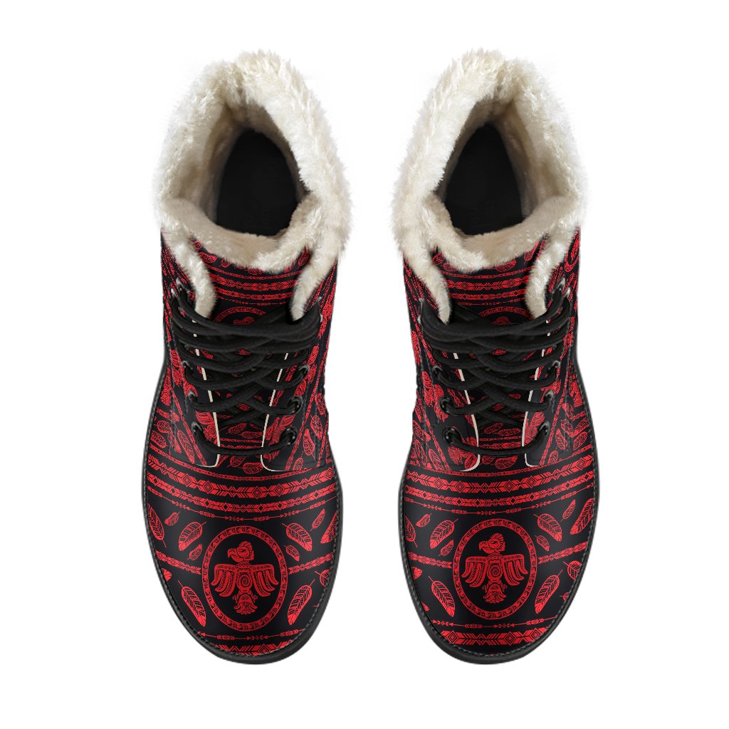 Native American Eagle Themed Print Faux Fur Leather Boots-JTAMIGO.COM