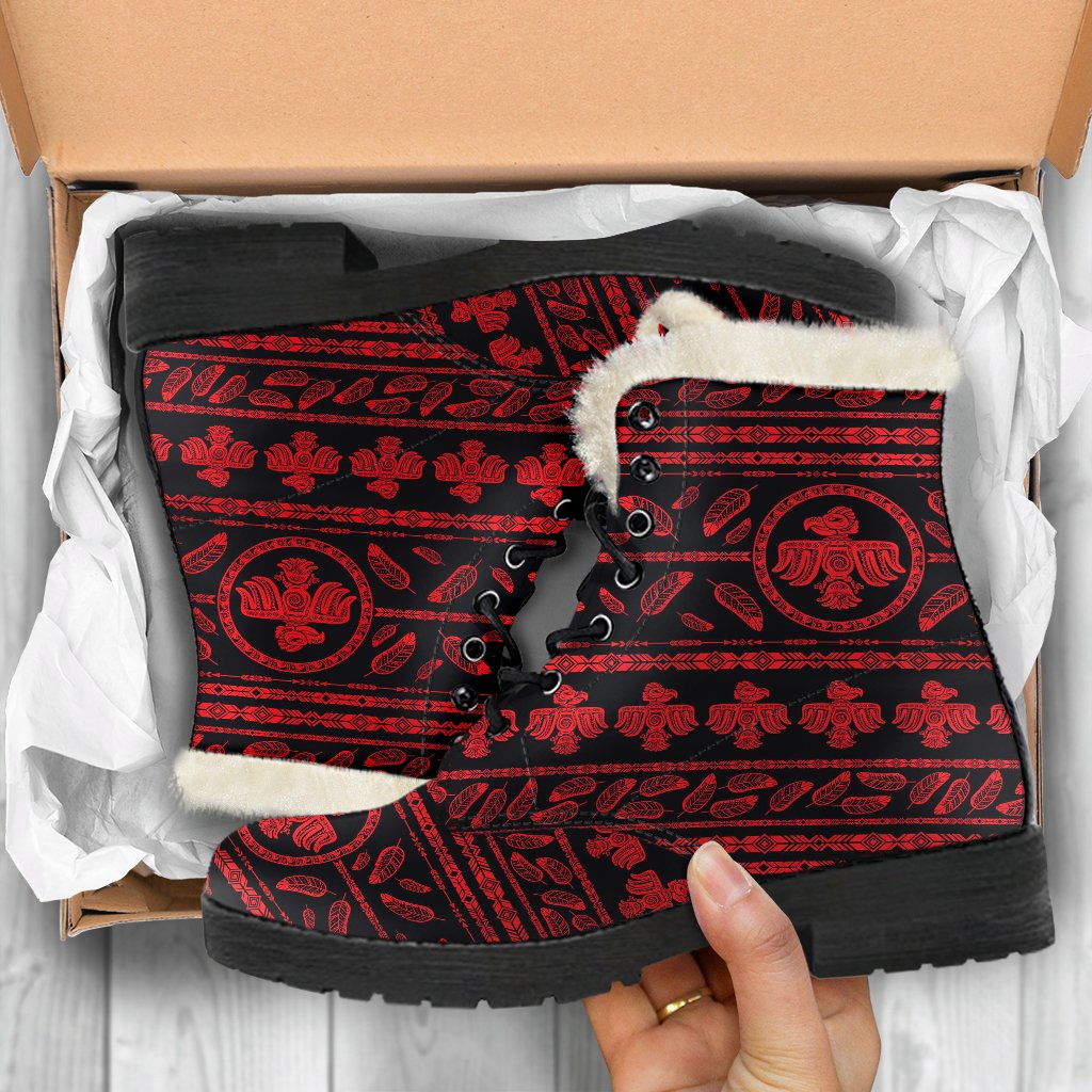 Native American Eagle Themed Print Faux Fur Leather Boots-JTAMIGO.COM