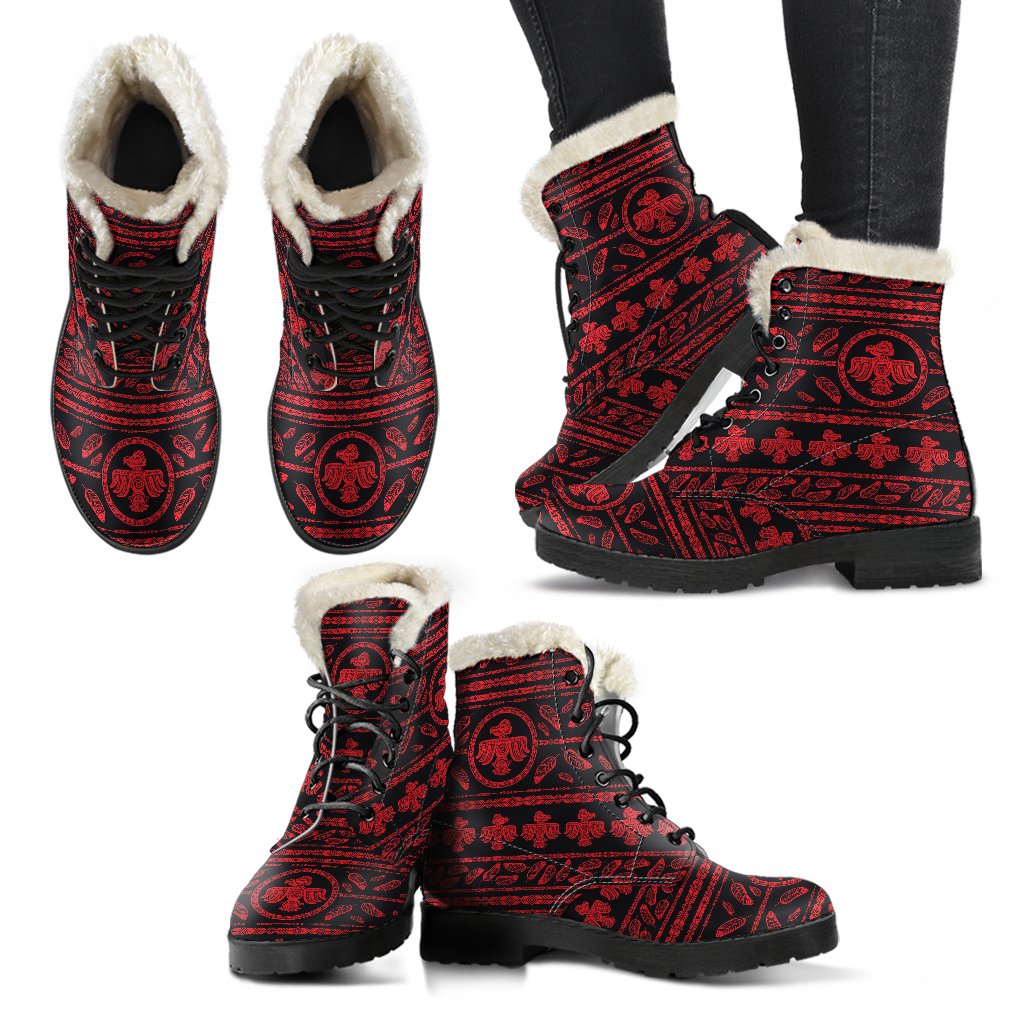 Native American Eagle Themed Print Faux Fur Leather Boots-JTAMIGO.COM
