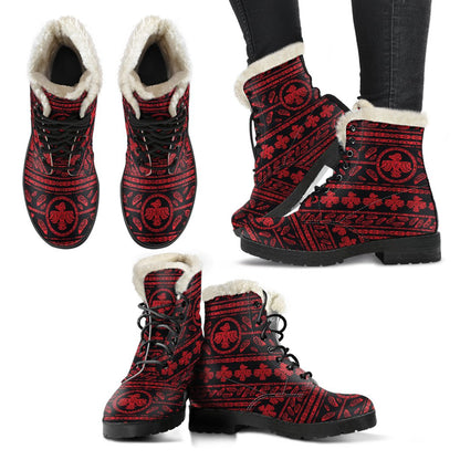 Native American Eagle Themed Print Faux Fur Leather Boots-JTAMIGO.COM