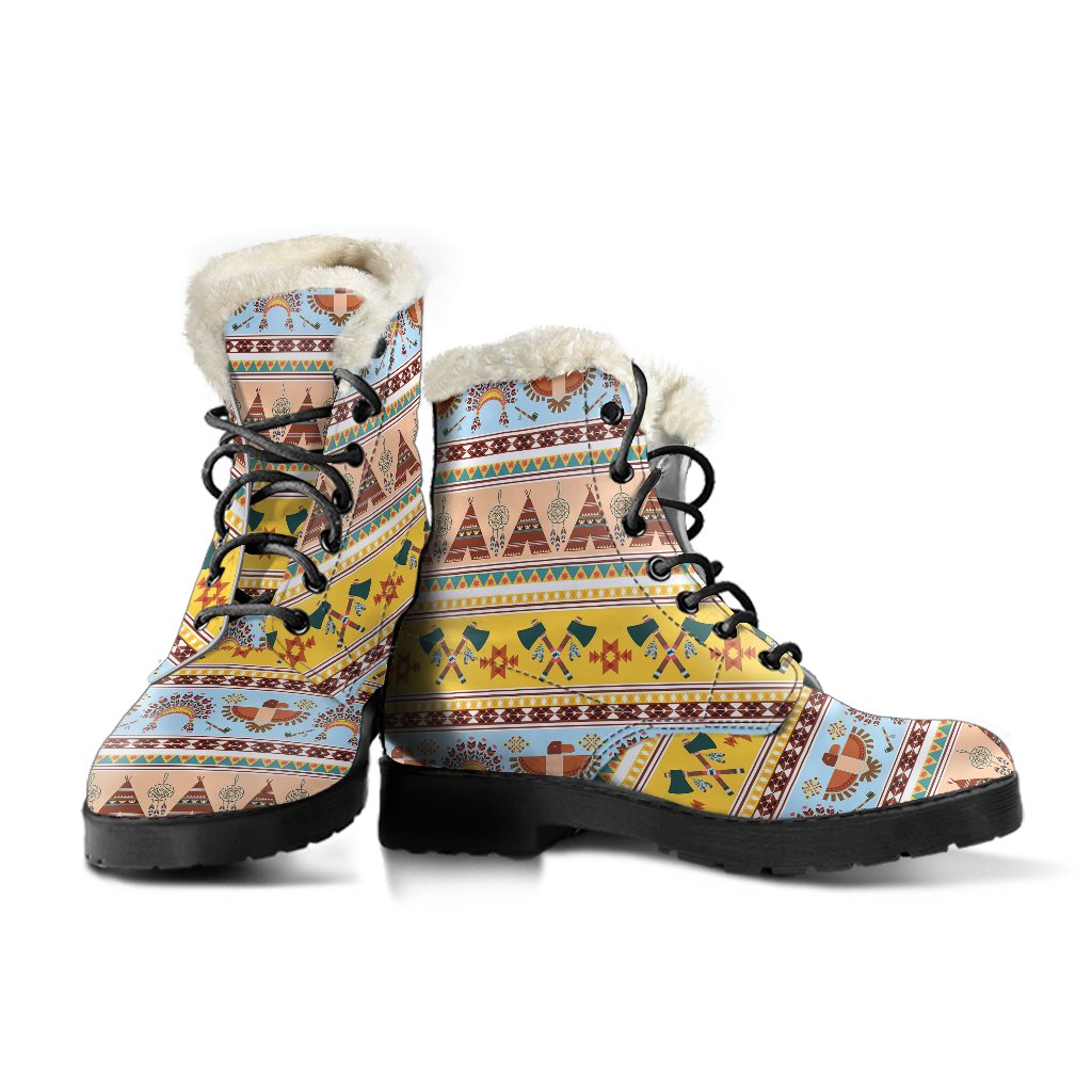 Native American Pattern Design Print Faux Fur Leather Boots-JTAMIGO.COM