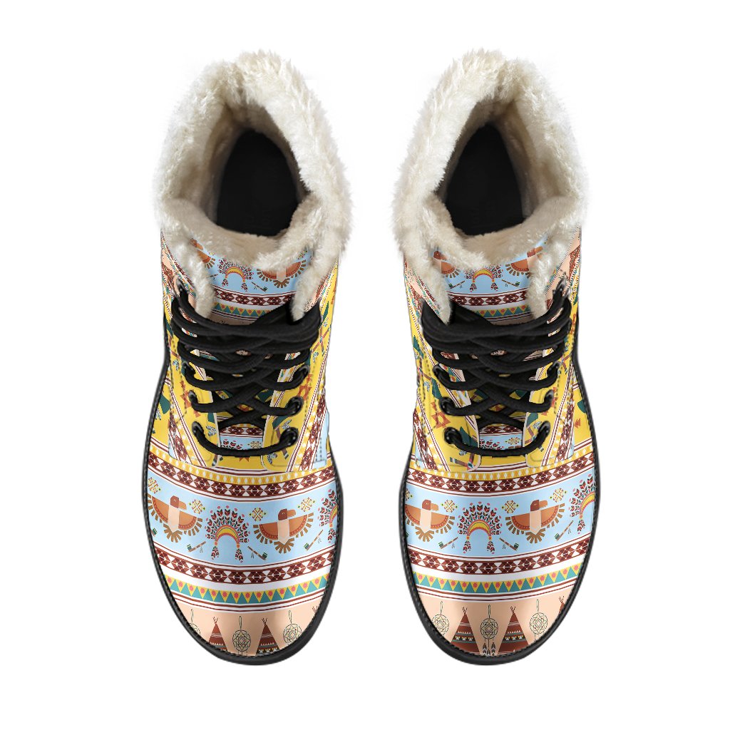 Native American Pattern Design Print Faux Fur Leather Boots-JTAMIGO.COM