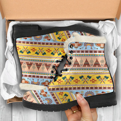 Native American Pattern Design Print Faux Fur Leather Boots-JTAMIGO.COM