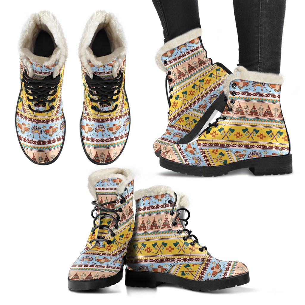 Native American Pattern Design Print Faux Fur Leather Boots-JTAMIGO.COM