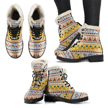 Native American Pattern Design Print Faux Fur Leather Boots-JTAMIGO.COM
