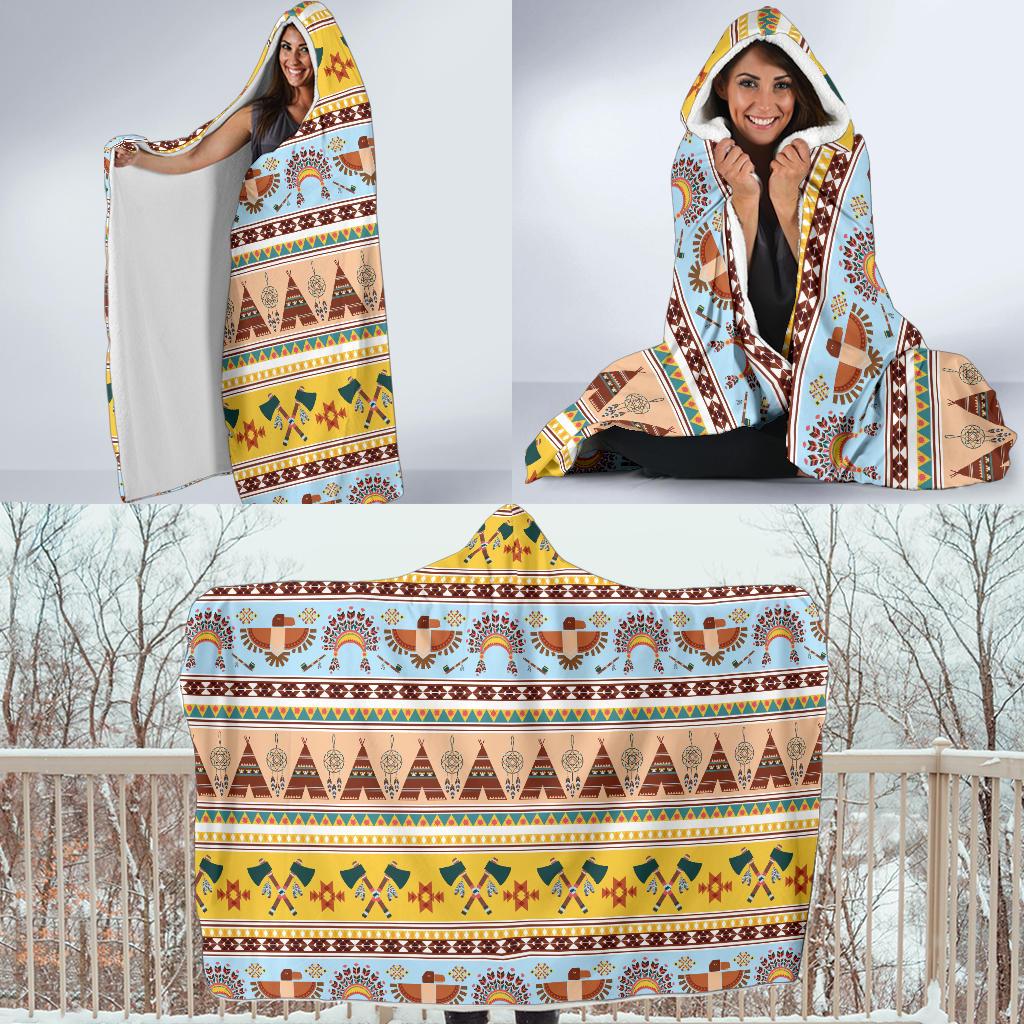 Native American Pattern Design Print Hooded Blanket-JTAMIGO.COM