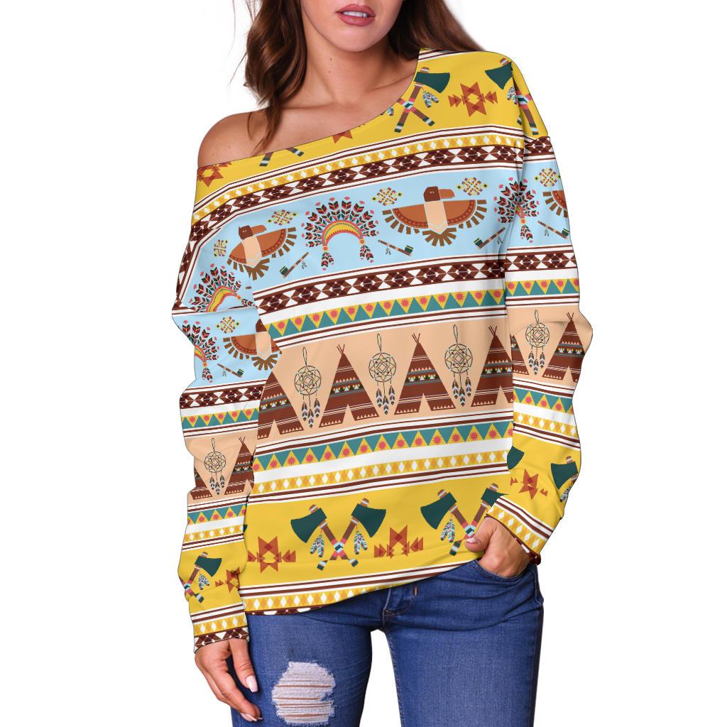 Native American Pattern Design Print Off Shoulder Sweatshirt