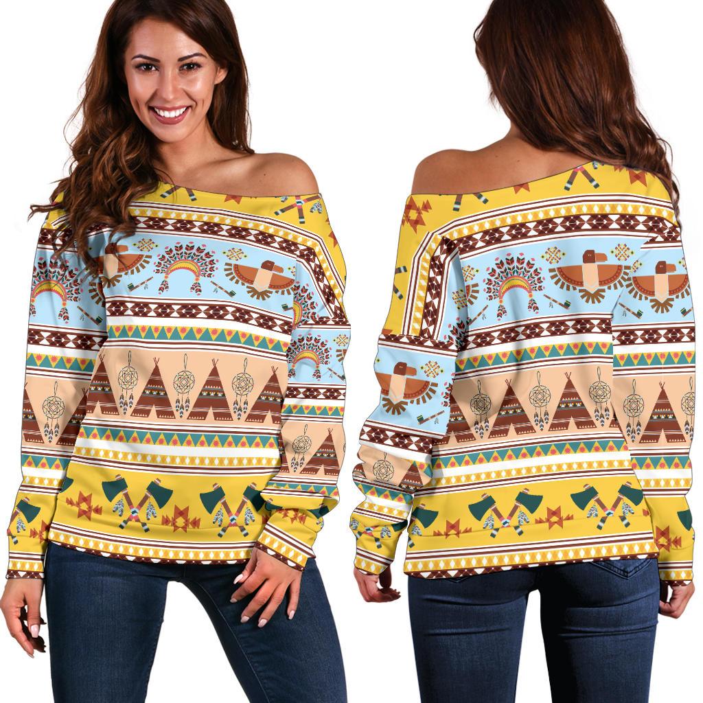 Native American Pattern Design Print Off Shoulder Sweatshirt