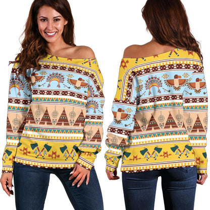 Native American Pattern Design Print Off Shoulder Sweatshirt