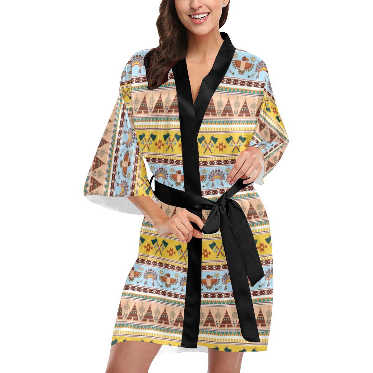Native American Pattern Design Print Women Short Kimono Robe
