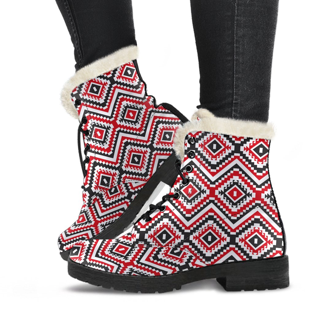 Native American Themed Tribal Print Faux Fur Leather Boots-JTAMIGO.COM