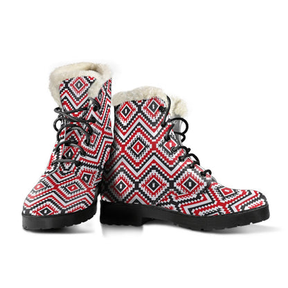 Native American Themed Tribal Print Faux Fur Leather Boots-JTAMIGO.COM