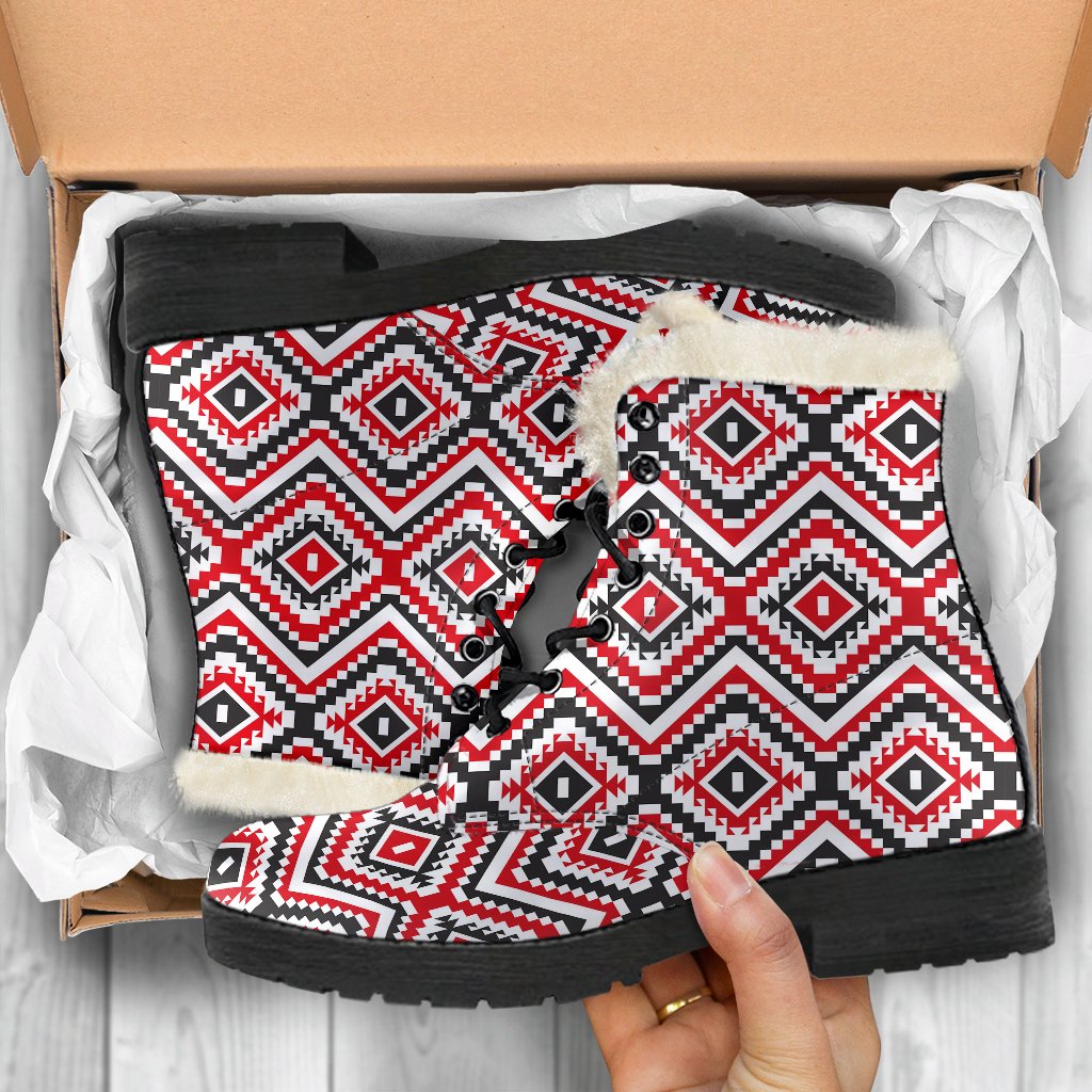 Native American Themed Tribal Print Faux Fur Leather Boots-JTAMIGO.COM