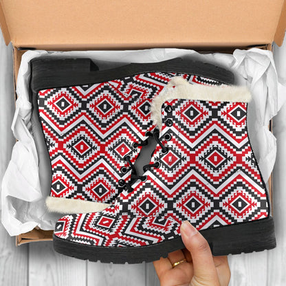 Native American Themed Tribal Print Faux Fur Leather Boots-JTAMIGO.COM