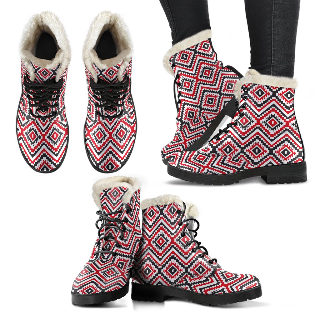 Native American Themed Tribal Print Faux Fur Leather Boots-JTAMIGO.COM