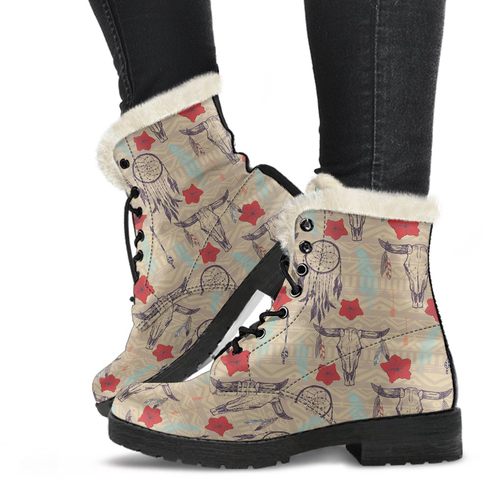 Native Buffalo Head Themed Design Print Faux Fur Leather Boots-JTAMIGO.COM