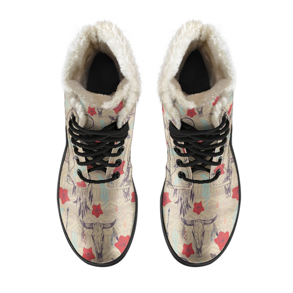 Native Buffalo Head Themed Design Print Faux Fur Leather Boots-JTAMIGO.COM