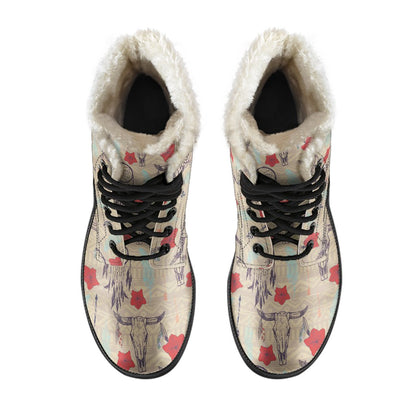 Native Buffalo Head Themed Design Print Faux Fur Leather Boots-JTAMIGO.COM