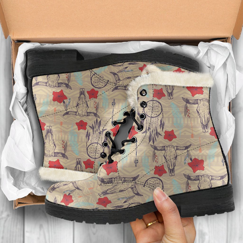Native Buffalo Head Themed Design Print Faux Fur Leather Boots-JTAMIGO.COM