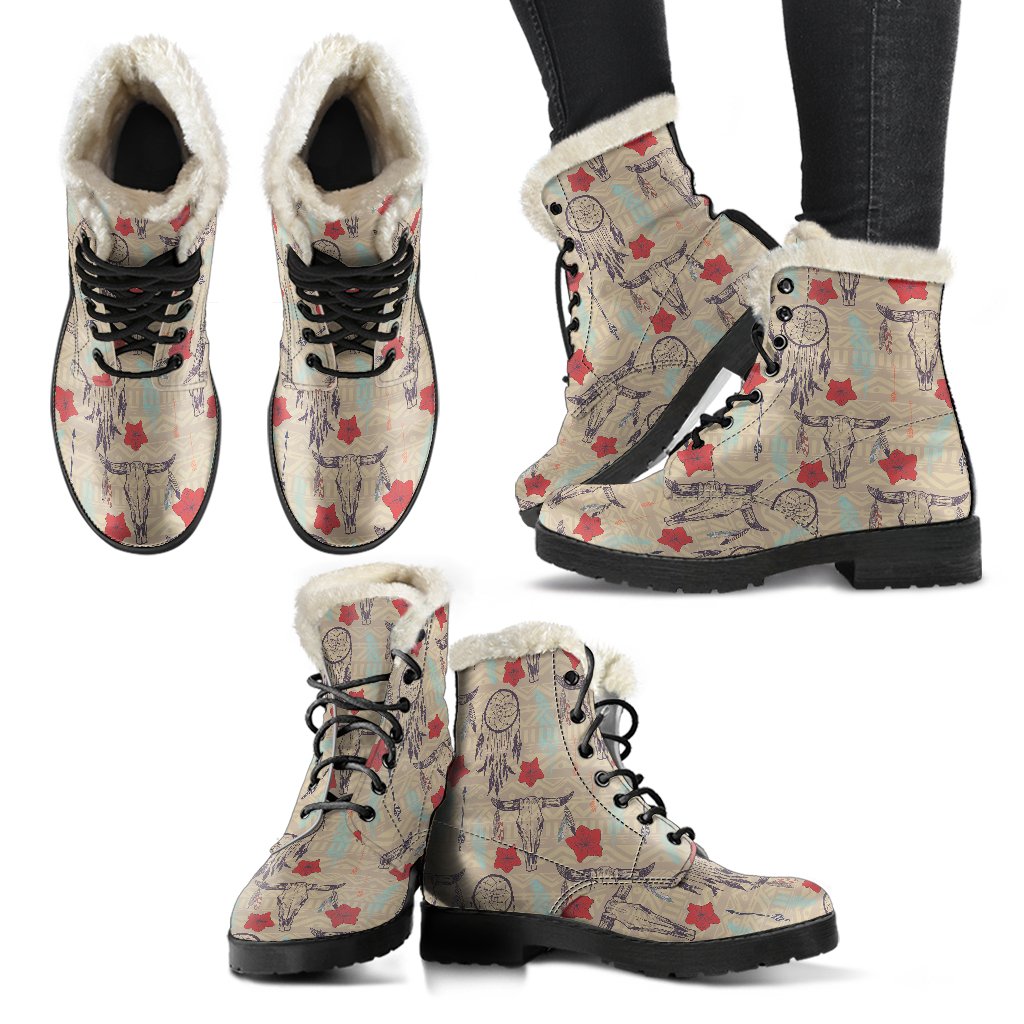 Native Buffalo Head Themed Design Print Faux Fur Leather Boots-JTAMIGO.COM