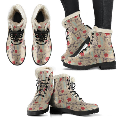 Native Buffalo Head Themed Design Print Faux Fur Leather Boots-JTAMIGO.COM