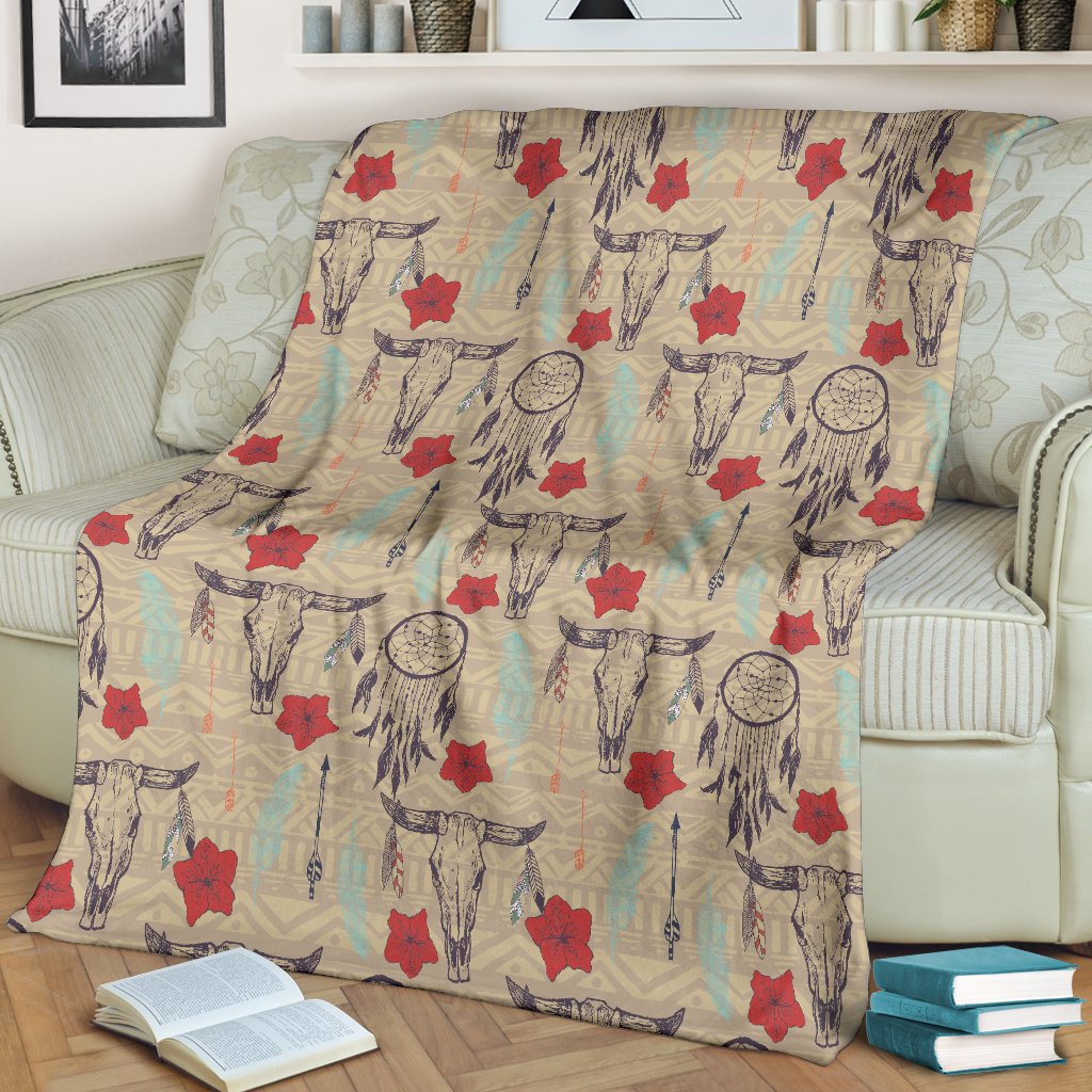 Native Buffalo Head Themed Design Print Fleece Blanket
