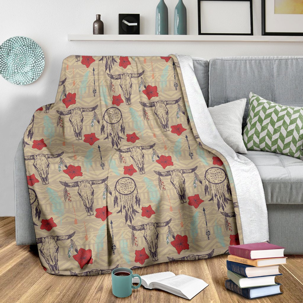 Native Buffalo Head Themed Design Print Fleece Blanket