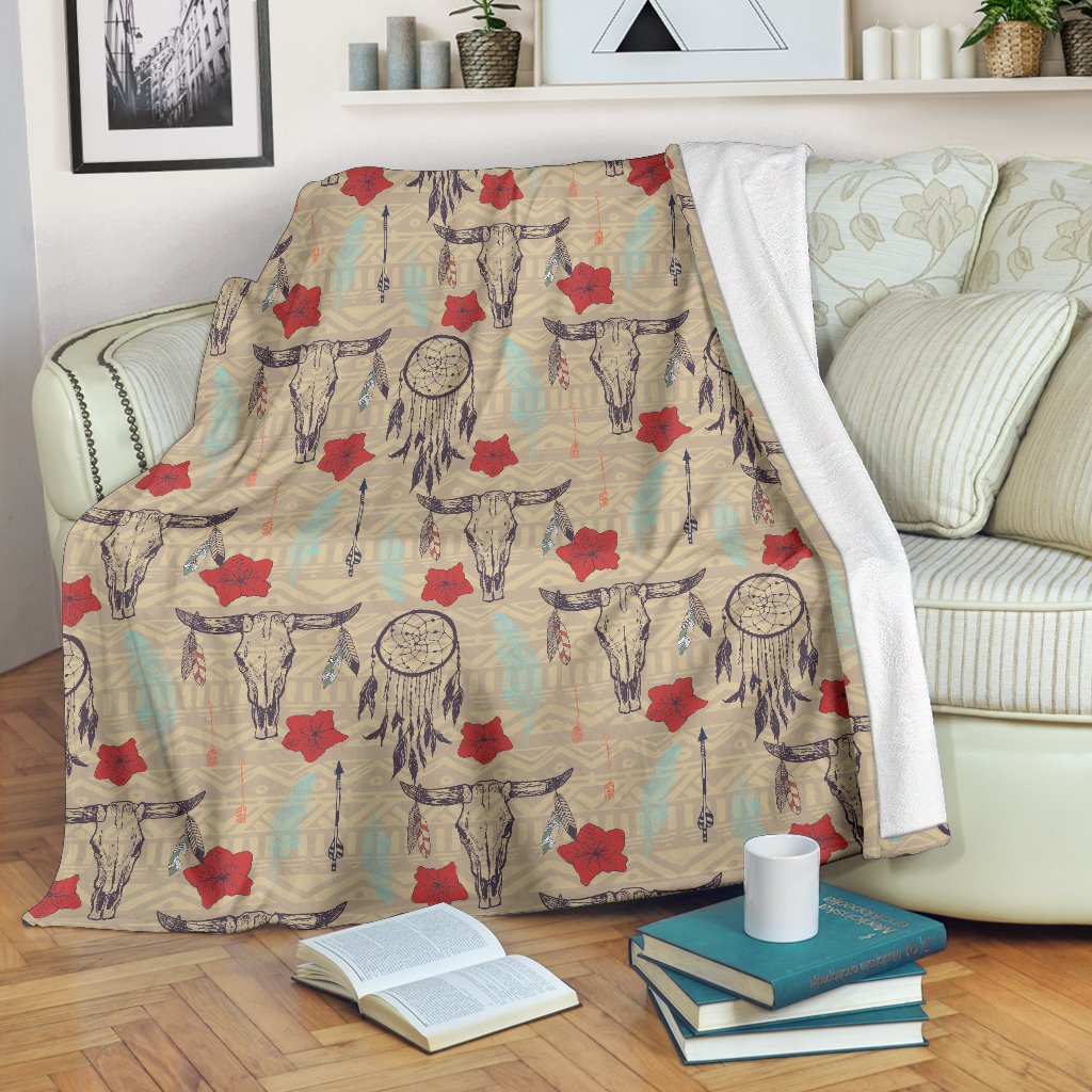 Native Buffalo Head Themed Design Print Fleece Blanket