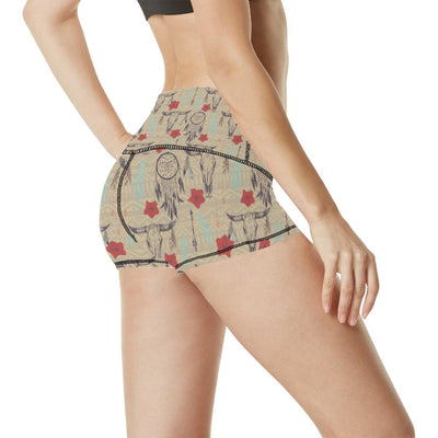 Native Buffalo Head Themed Design Print High Waisted Spandex Shorts-JTAMIGO.COM