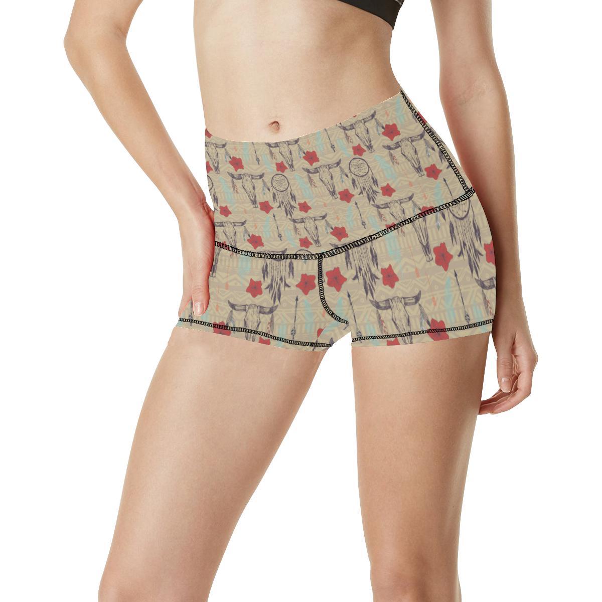 Native Buffalo Head Themed Design Print High Waisted Spandex Shorts-JTAMIGO.COM